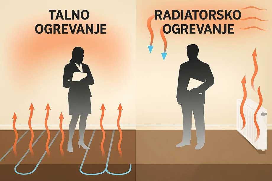 Primerjava talnega in radiatorskega ogrevanja – prikaz smeri gibanja toplote in toplotnega udobja.
