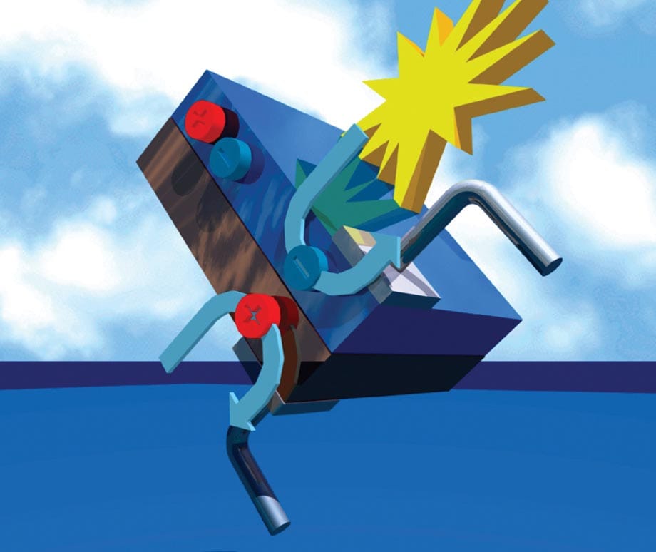 Shema prikazuje osnovno delovanje fotonapetostne (fotovoltaične) celice pod vplivom sončne svetlobe