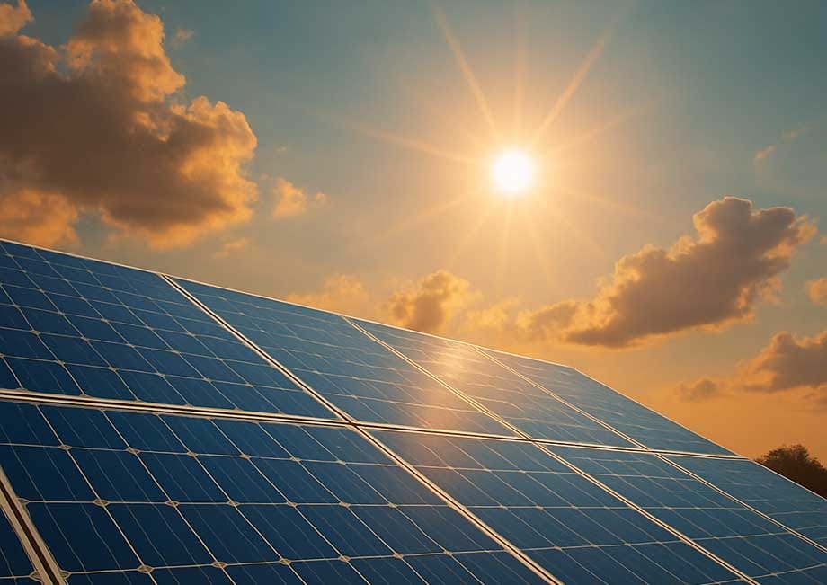 Fotovoltaika – sodobni sončni paneli v sončnem zahodu, simbol prehoda v čisto energijo