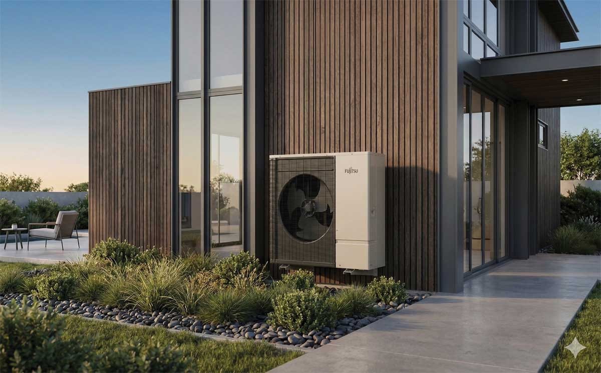 Zunanja enota toplotne črpalke Fujitsu High Power R32 ob sodobni hiši