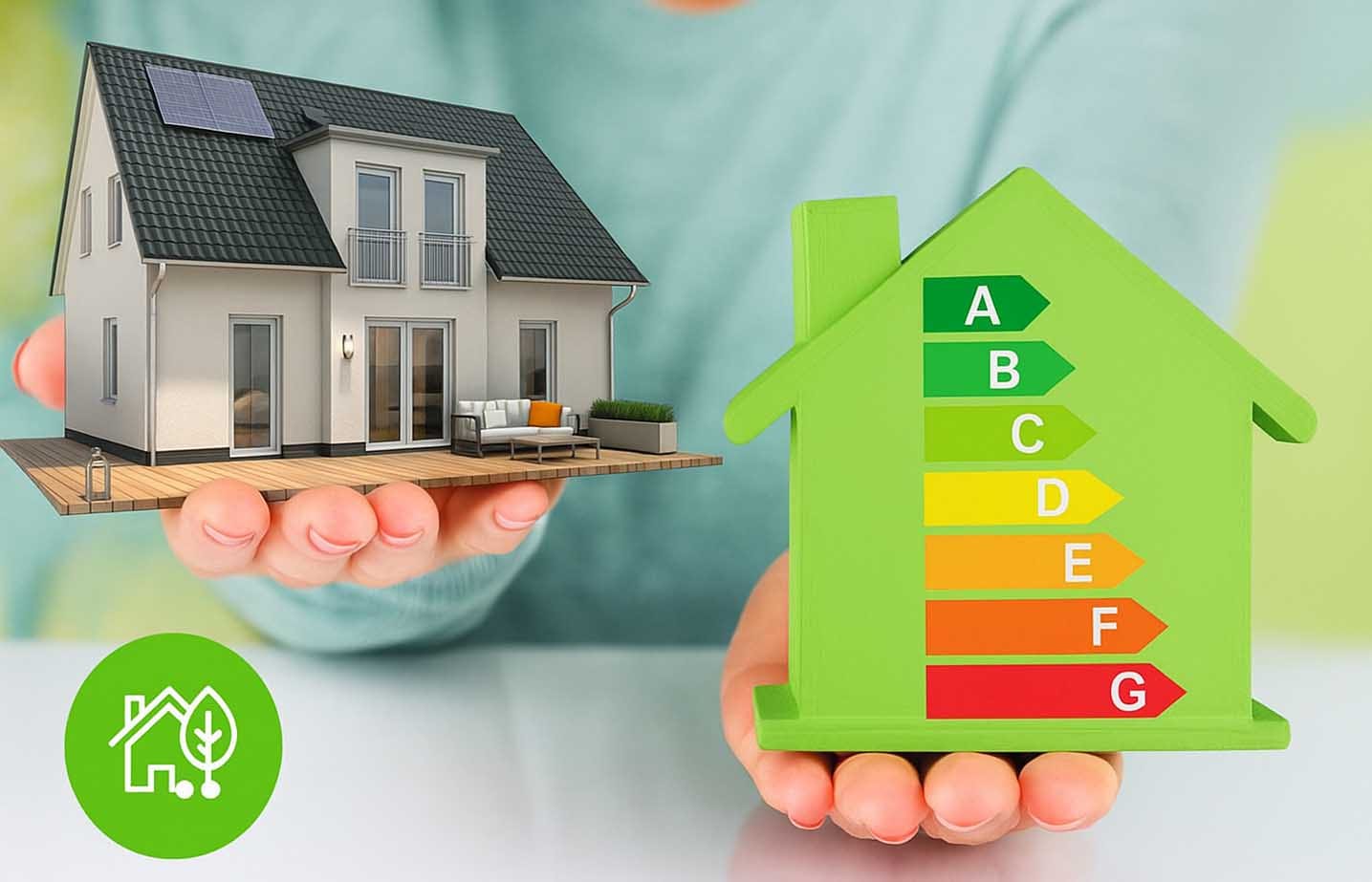Oseba drži v rokah model hiše in zelen simbol z energijsko učinkovitostjo, ki ponazarja energetsko sanacijo hiše