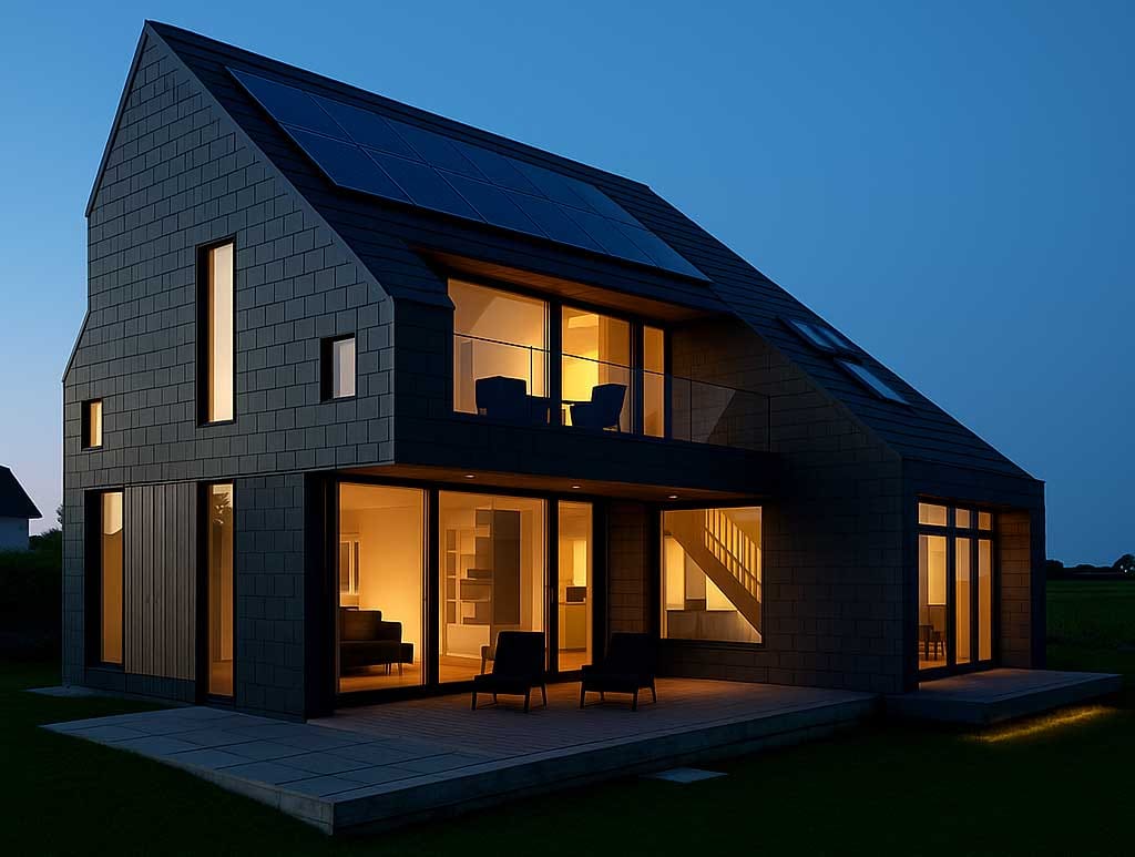 Moderna aktivna hiša v večernem ambientu z velikimi steklenimi površinami in solarno streho