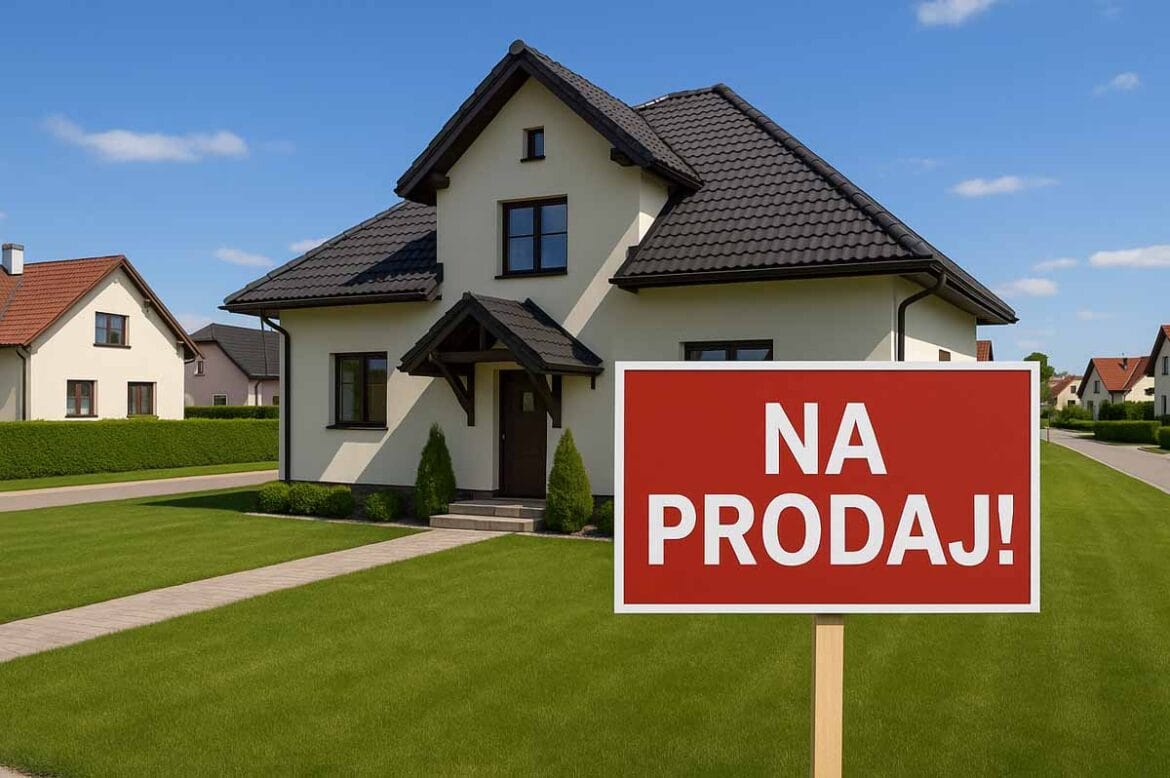 Hiša z napisom »Na prodaj« na dvorišču – simbolična predstavitev prodaje nepremičnine v Sloveniji