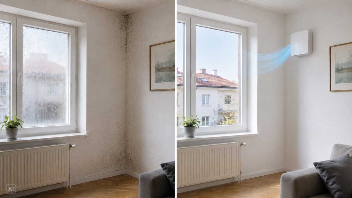 Plesen na steni pred sanacijo in suh prostor z lokalnim prezračevanjem z rekuperacijo po sanaciji