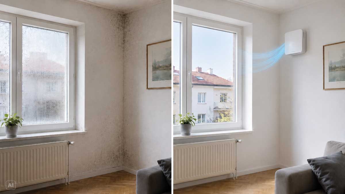 Plesen na steni pred sanacijo in suh prostor z lokalnim prezračevanjem z rekuperacijo po sanaciji
