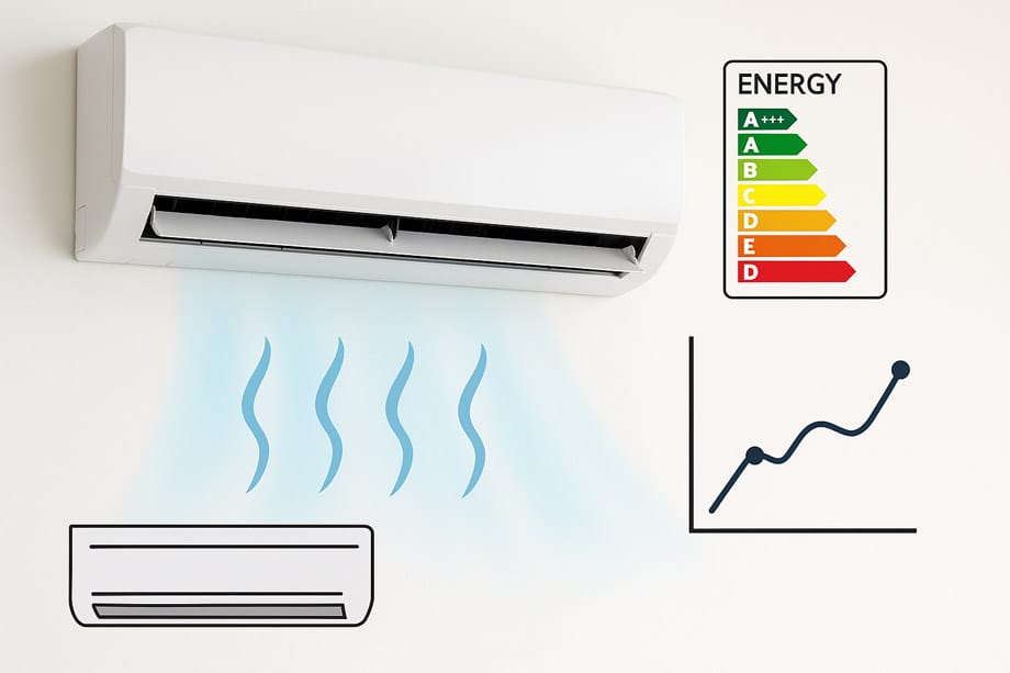Klimatska naprava na steni s prikazom energijske učinkovitosti in grafom delovanja.