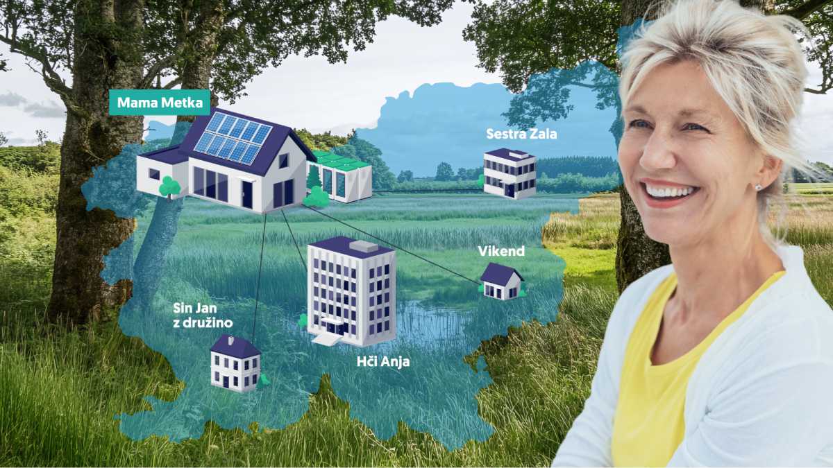 Prikaz deljenja viškov elektrike med družinskimi člani pri samooskrbi s sončno elektrarno