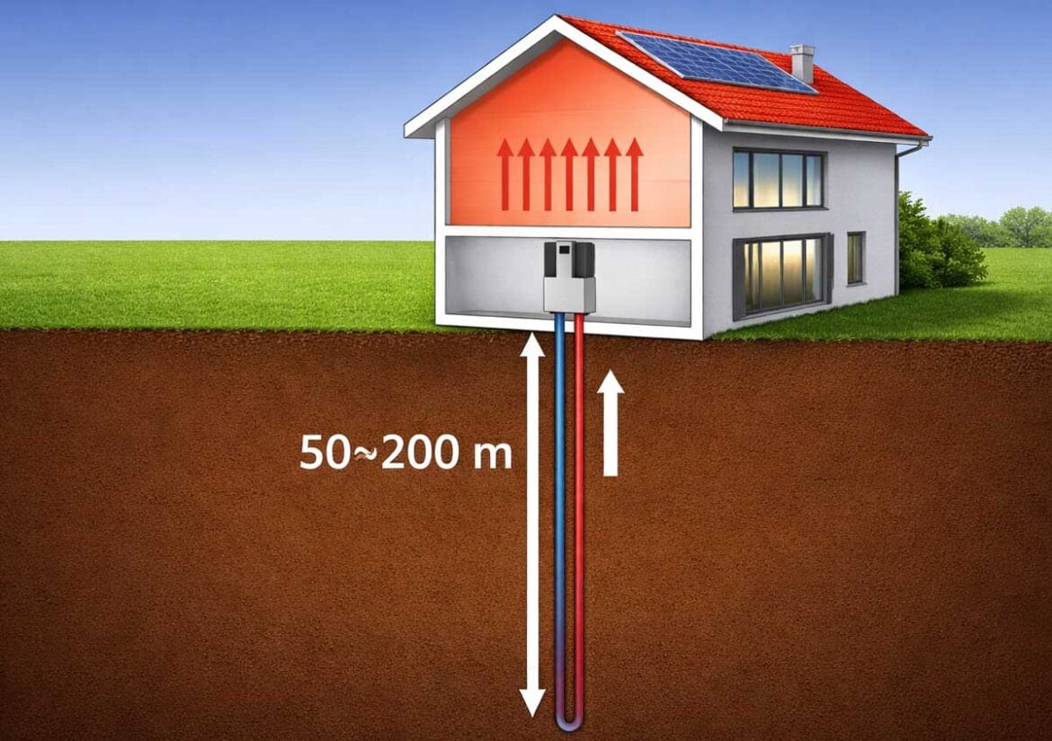Prikaz delovanja geotermalne toplotne črpalke z geosondo globine 50–200 metrov