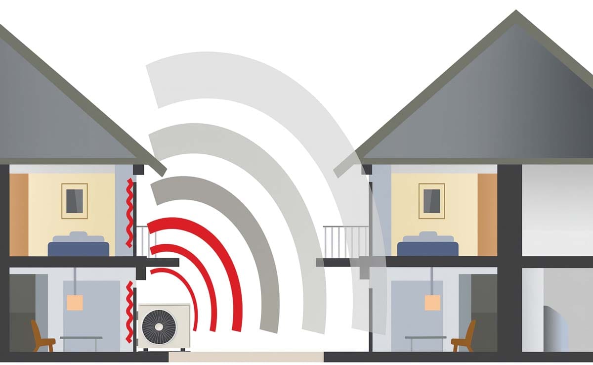 Shema širjenja hrupa toplotne črpalke med dvema hišama