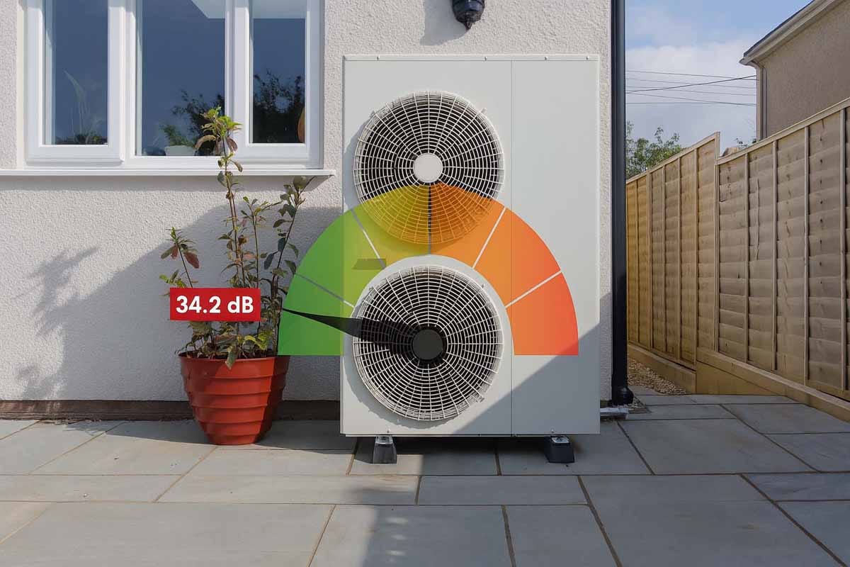 Meritev glasnosti toplotne črpalke z oznako 34,2 dB pred hišo