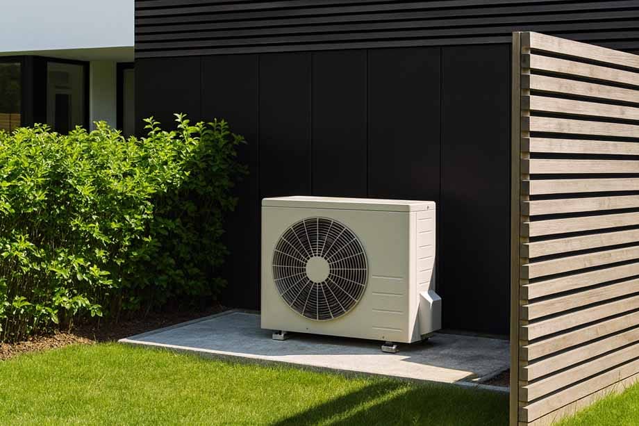 Zunanja enota toplotne črpalke je nameščena ob sodobni hiši. Toplotna črpalka stoji na betonski podlagi, obdana je z gosto zeleno živo mejo in zaščitena z leseno pregrado, kar zagotavlja učinkovito zvočno zaščito