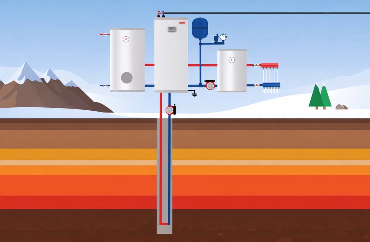 Shema delovanja ogrevalnega sistema z geosondo, ki prikazuje globinsko vrtino, geotermalno toplotno črpalko, zalogovnik ter povezavo s talnim ogrevanjem
