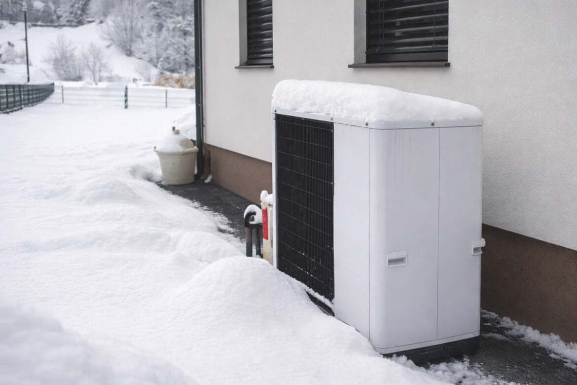 Notranji termostat v dnevni sobi prikazuje temperaturo 22 °C, skozi okno je vidna zasnežena zimska pokrajina.