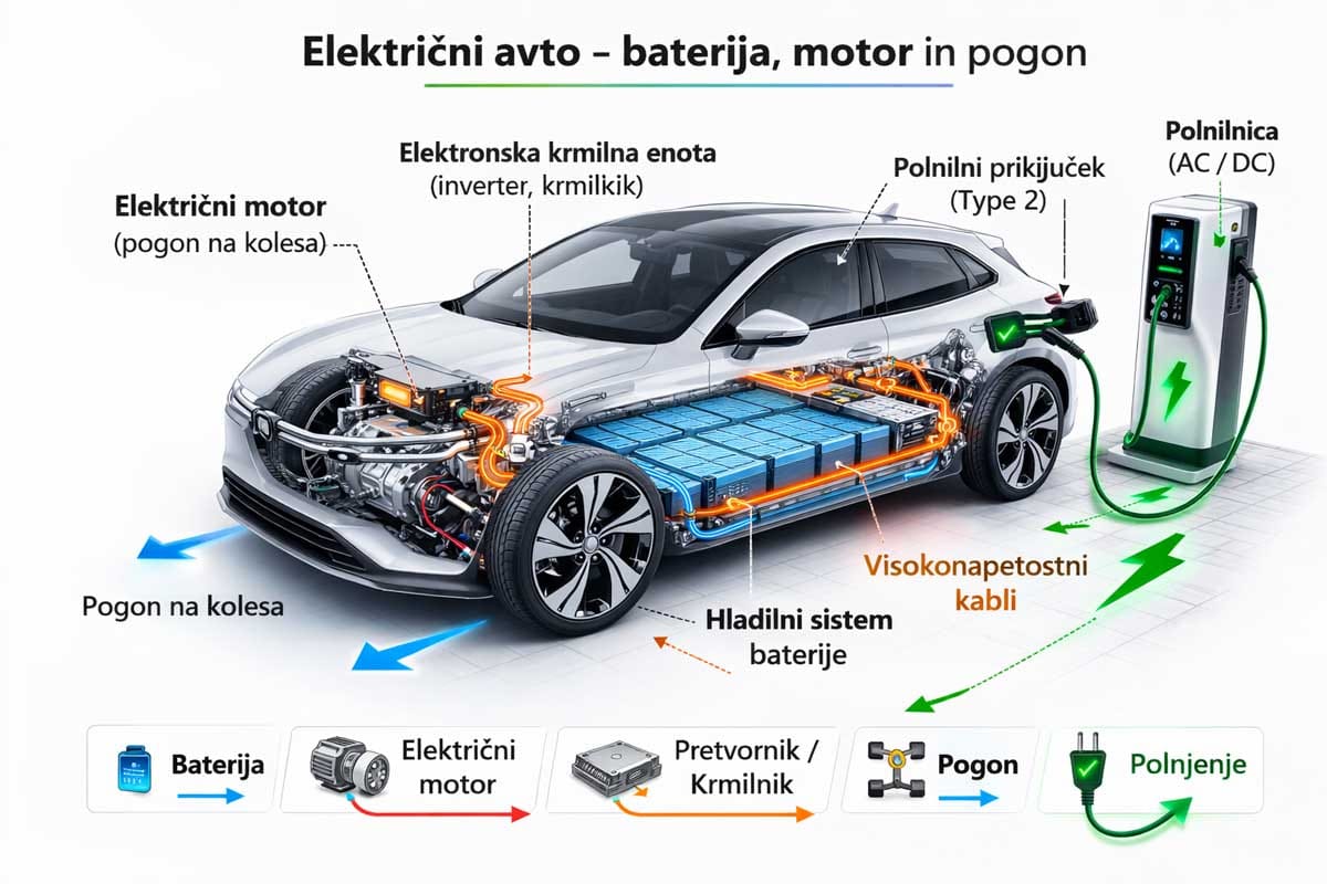 Grafični prerez električnega avta z vidno baterijo, električnim motorjem in priklopom na polnilnico za električni avto