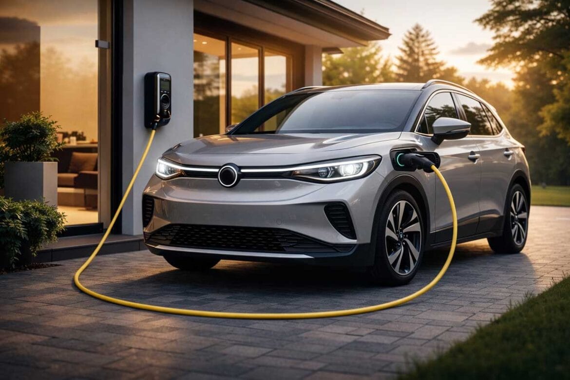 Električni avto priključen na domačo polnilnico za električni avto pred sodobno hišo