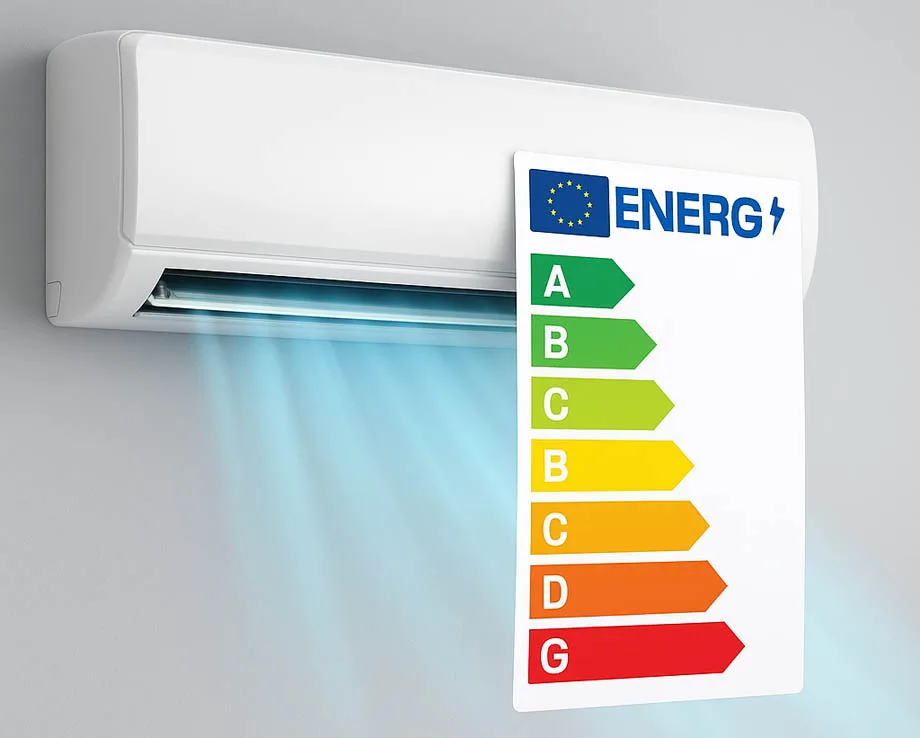 Klimatska naprava z energetsko nalepko in prikazom hlajenja s svežim zrakom