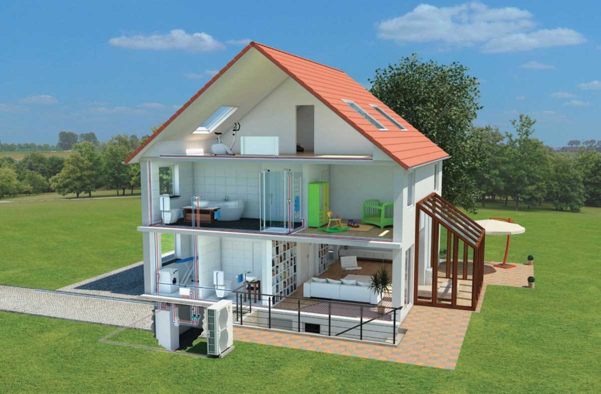 Toplotna črpalka zrak voda zunanja enota ob hiši