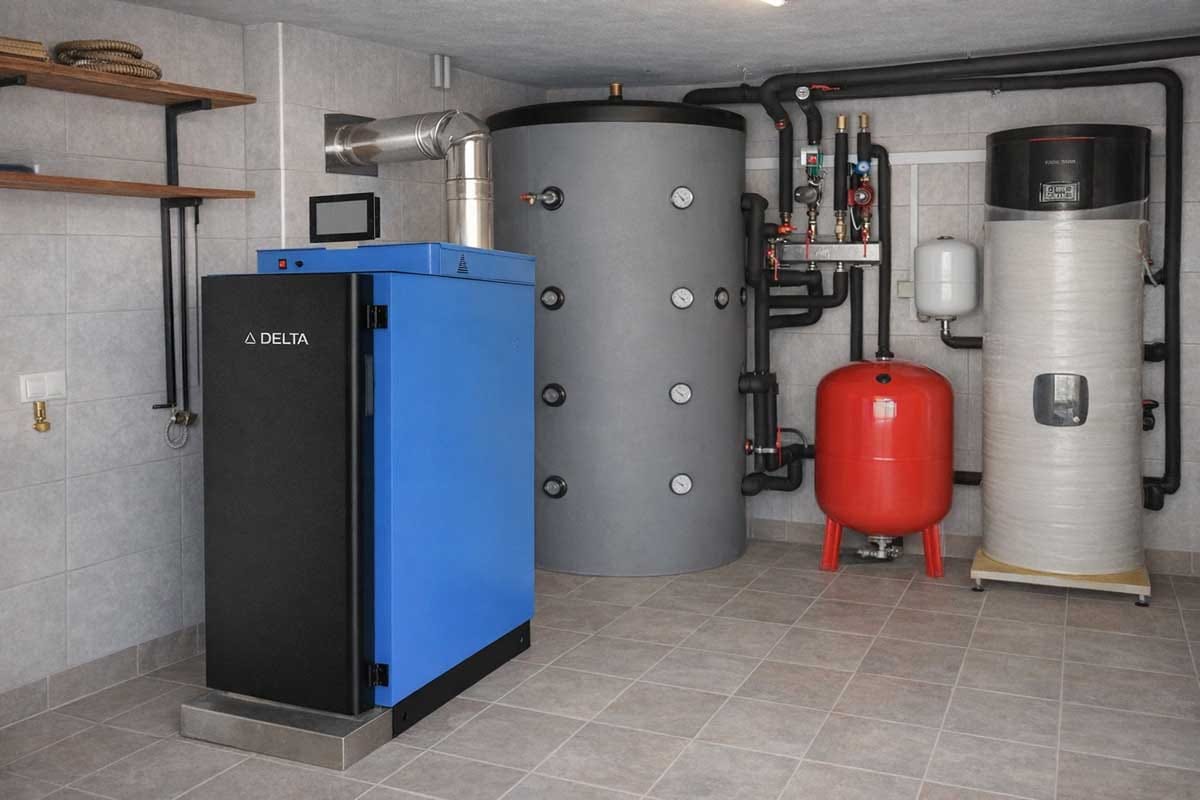 centralna peč na drva Delta v sodobni kurilnici z zalogovnikom