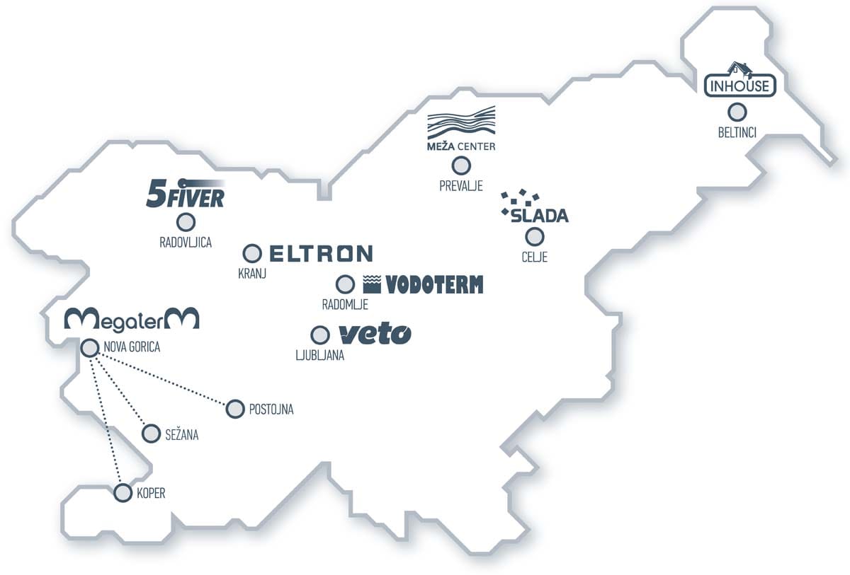 Zemljevid Slovenije z označenimi poslovalnicami podjetja Veto in partnerjev po posameznih krajih