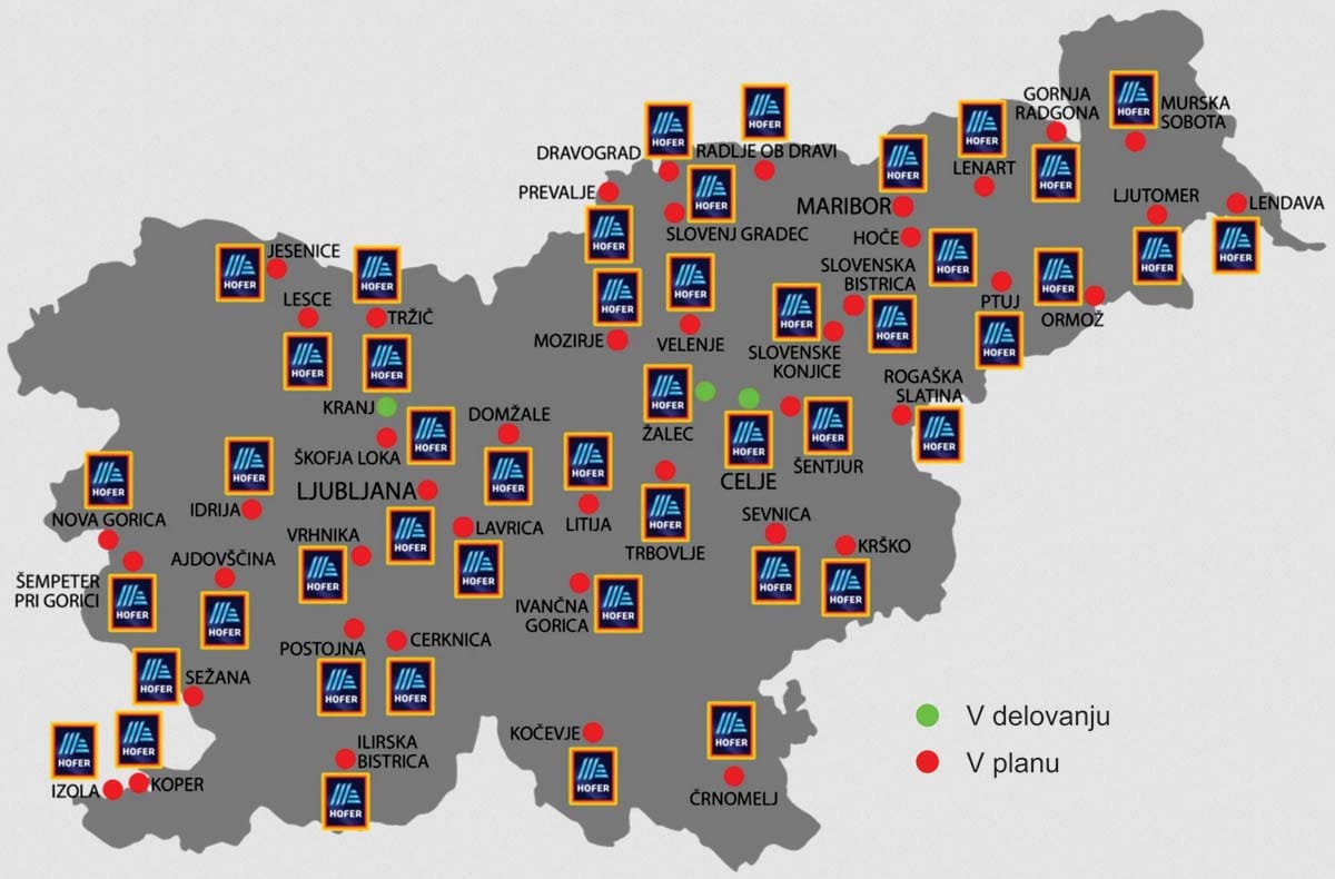 Zemljevid lokacij mreže hitrih polnilnic Enertec E-charge na parkiriščih trgovin HOFER po Sloveniji