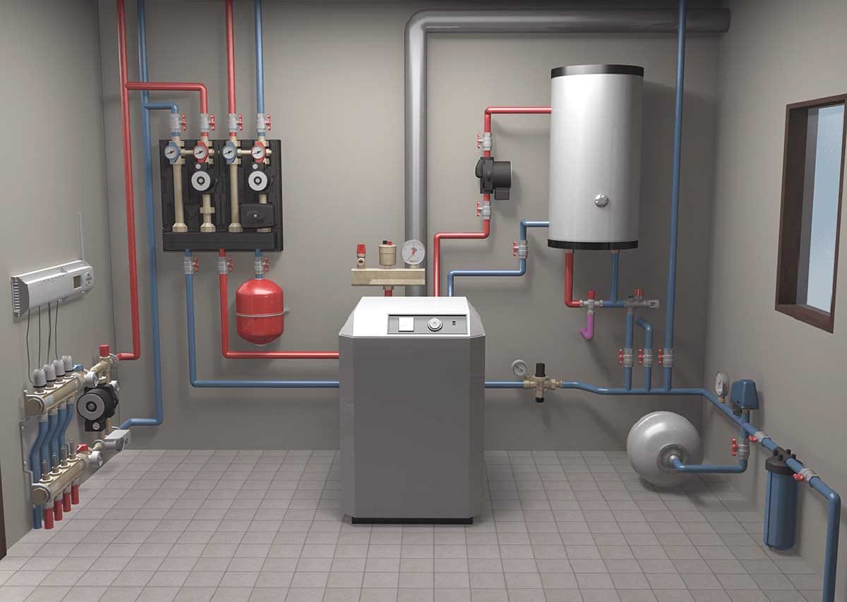 Sistem ogrevanja hiše s toplotno črpalko, hranilnikom tople vode, razdelilnikom talnega ogrevanja in ekspanzijsko posodo