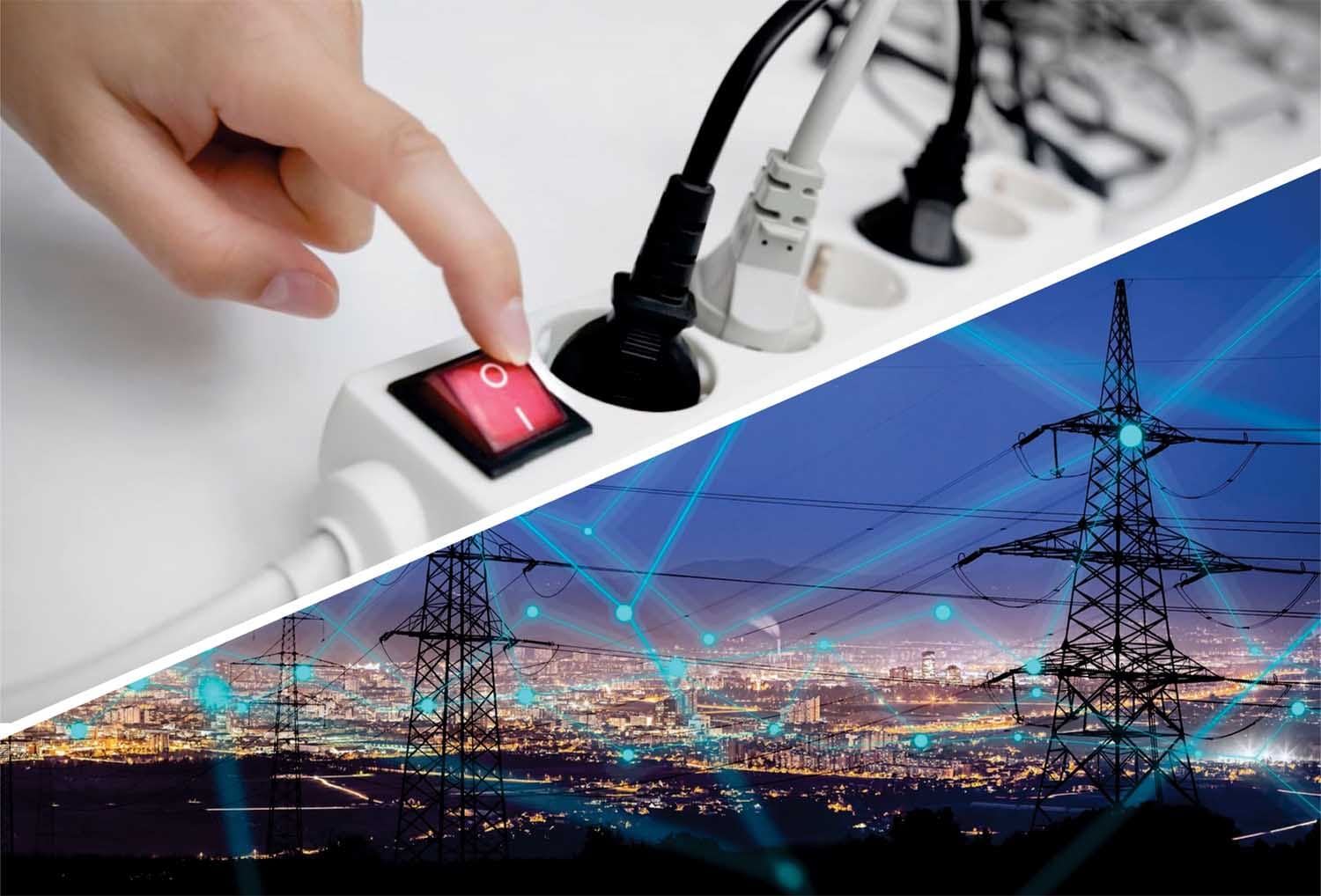 Oseba izklaplja stikalo na razdelilniku z več električnimi kabli; spodaj je električni daljnovod nad mestom z digitalnimi povezavami, ki simbolizirajo pametno omrežje.
