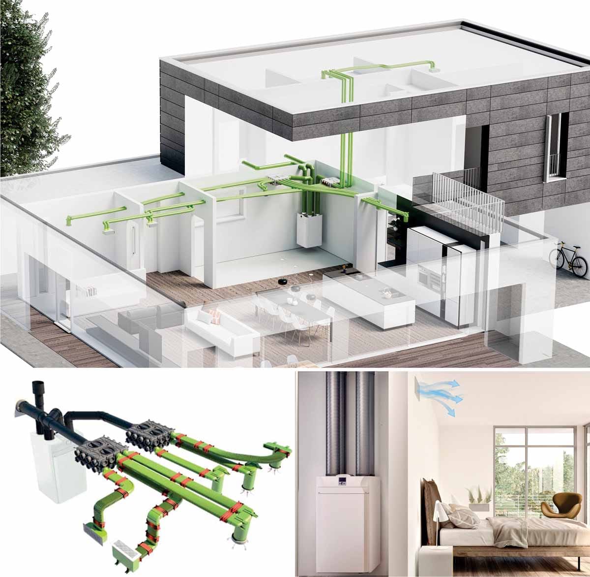 Grafični prikaz centralnega prezračevalnega sistema z rekuperacijo, ki prikazuje razvod kanalov po objektu in delovanje sistema Sabiana Energy Smart.