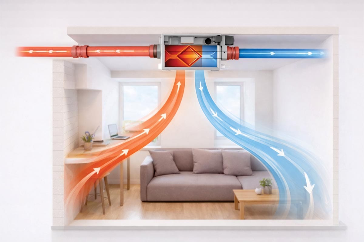 Shema delovanja centralnega prezračevalnega sistema z rekuperacijo, ki prikazuje odvod iztrošenega zraka in dovod svežega, ogretega zraka v bivalni prostor