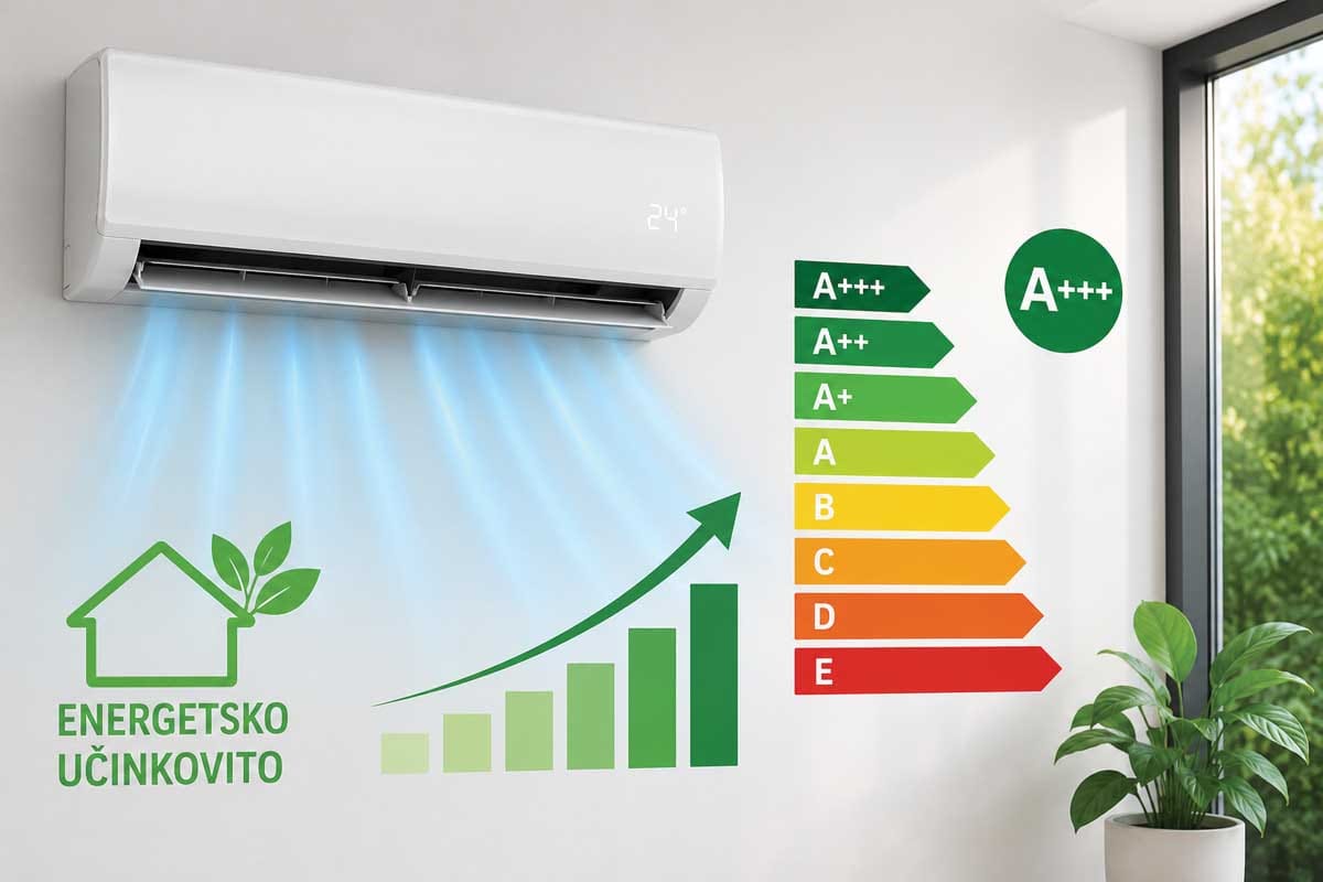 Energetsko učinkovita klimatska naprava z oznako A+++ in prikazom energijske učinkovitosti ter nizke porabe električne energije