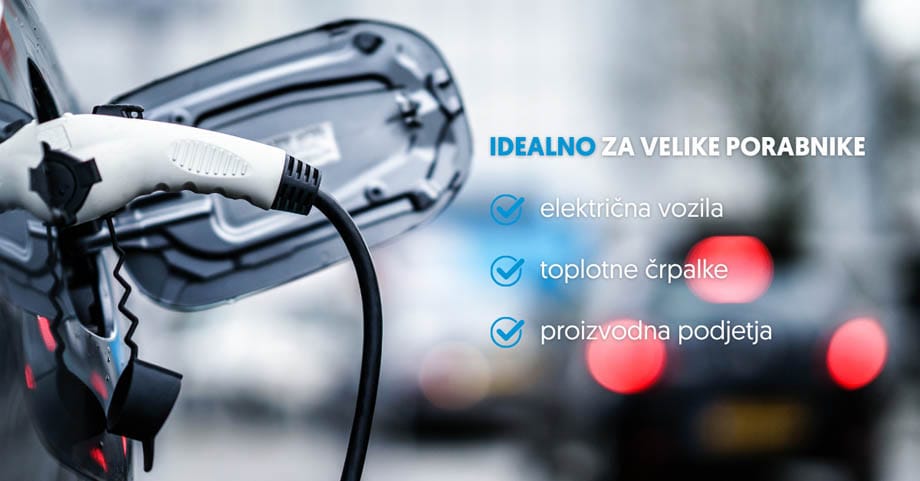 Električno vozilo se polni na javni polnilnici; na desni strani so navedene kategorije velikih porabnikov energije.