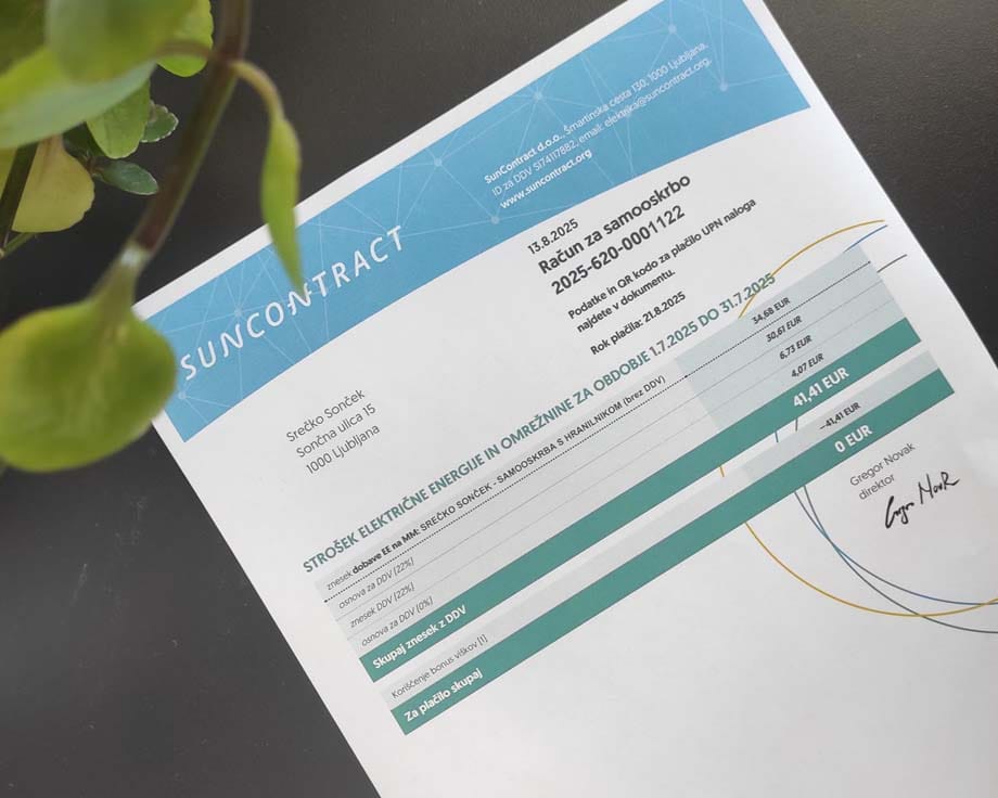 Račun SunContract za samooskrbo z elektriko s prikazanimi prihranki in bonus viški