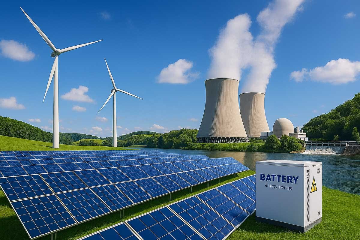 Kombinacija sončnih panelov, vetrnic, jedrske elektrarne in baterijskega hranilnika ob reki v zelenem okolju