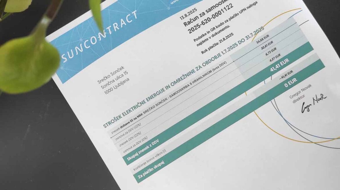 Račun za elektriko SunContract s končnim zneskom 0 evrov, doseženim s pametnim upravljanjem