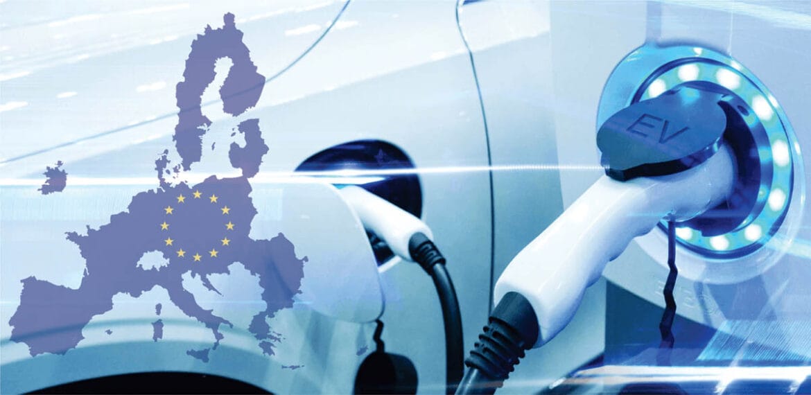 Električni avtomobil pri polnjenju in zemljevid Evrope kot ponazoritev rasti električnih vozil v Evropski uniji