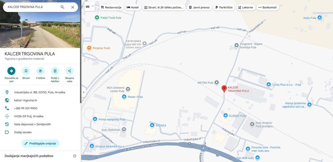 Zemljevid lokacije Kalcer Pula – trgovina z gradbenimi materiali v Istri