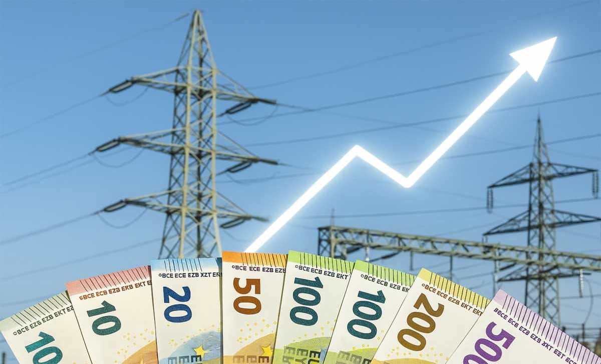 Visokonapetostni daljnovodi in evrski bankovci, ki ponazarjajo vpliv omrežnine na prihodke države