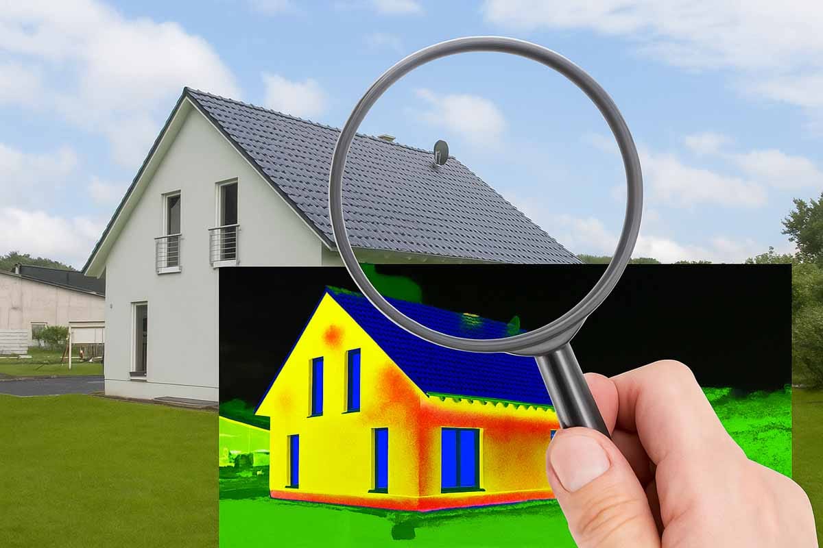 Termografski posnetek hiše s prikazom toplotnih izgub skozi fasado
