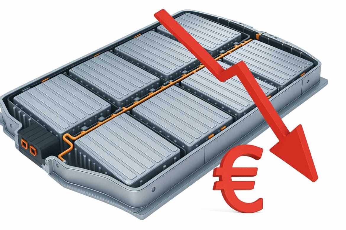 3D prikaz litij-ionskega baterijskega paketa z rdečo puščico, ki kaže trend padanja cen, ter simbolom evra