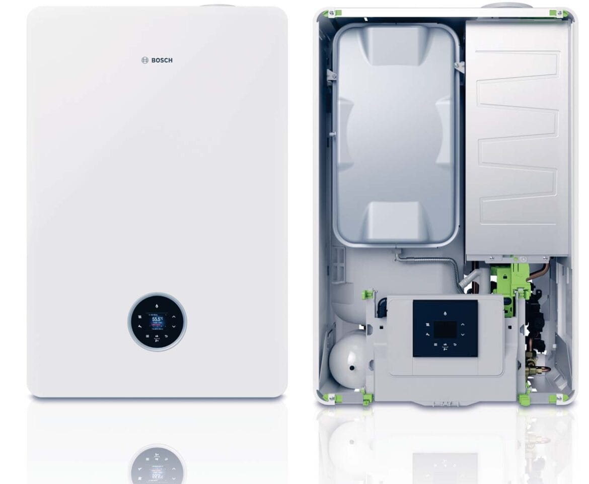 Plinska peč Bosch – notranjost kondenzacijskega kotla s prikazom komponent