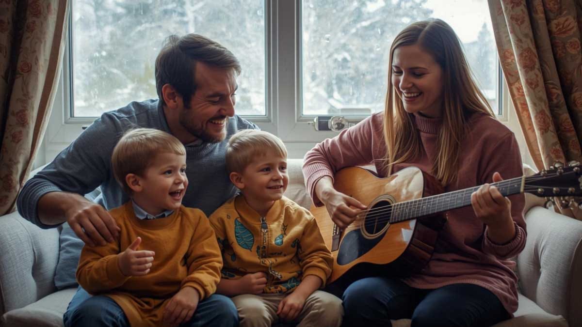Družina uživa v toplem domu, ogrevanem s kombinacijo toplotne črpalke in kotla na polena