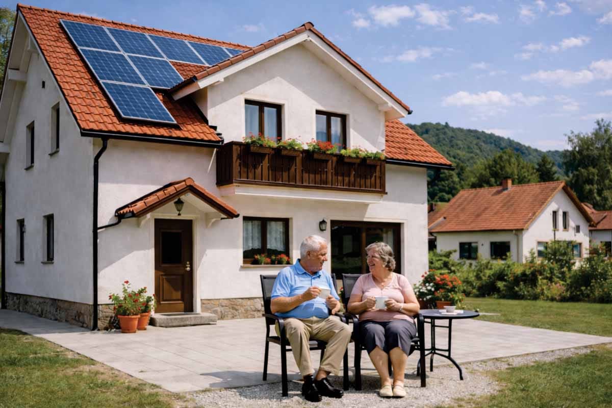 Hiša s sončno elektrarno na strehi in parom na terasi, ki uživa v toplem domu z učinkovitim sistemom ogrevanja