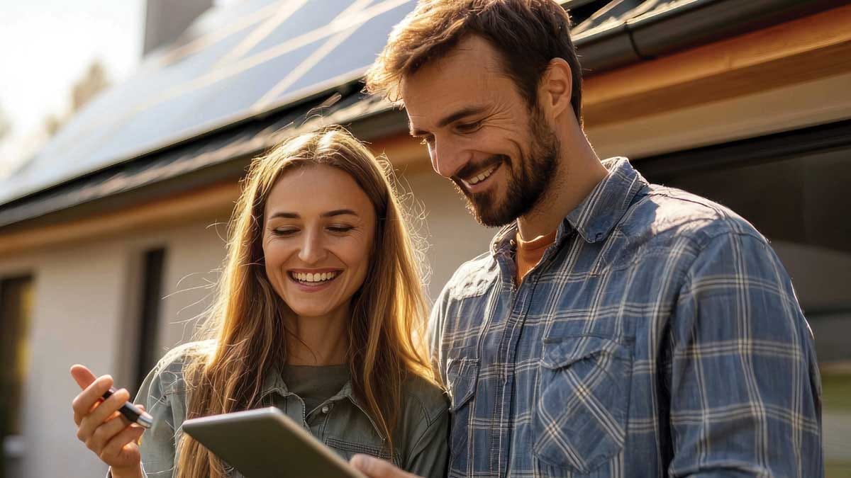 Par preverja porabo elektrike pred hišo s sončno elektrarno