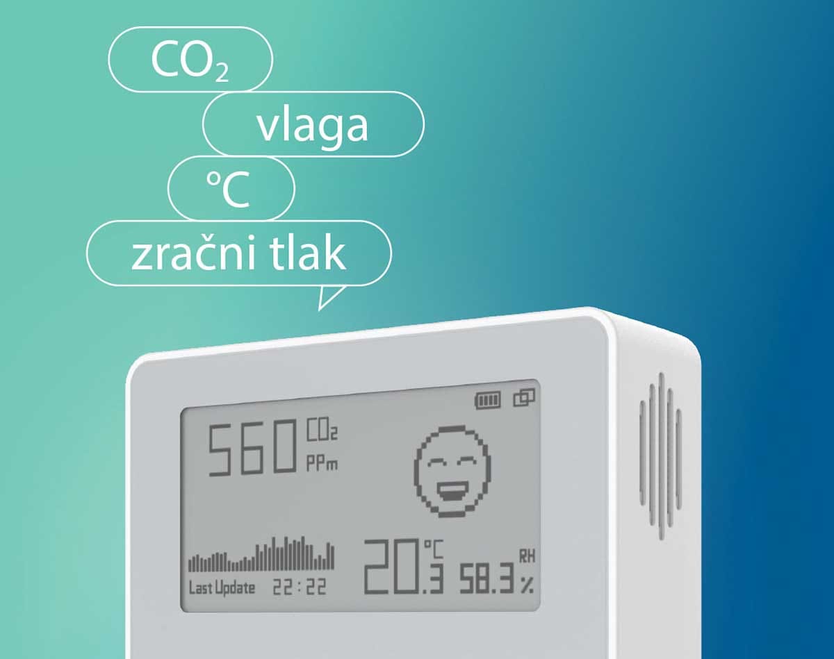 Merilnik kakovosti zraka v stanovanju, ki prikazuje CO₂, temperaturo in relativno vlažnost zraka