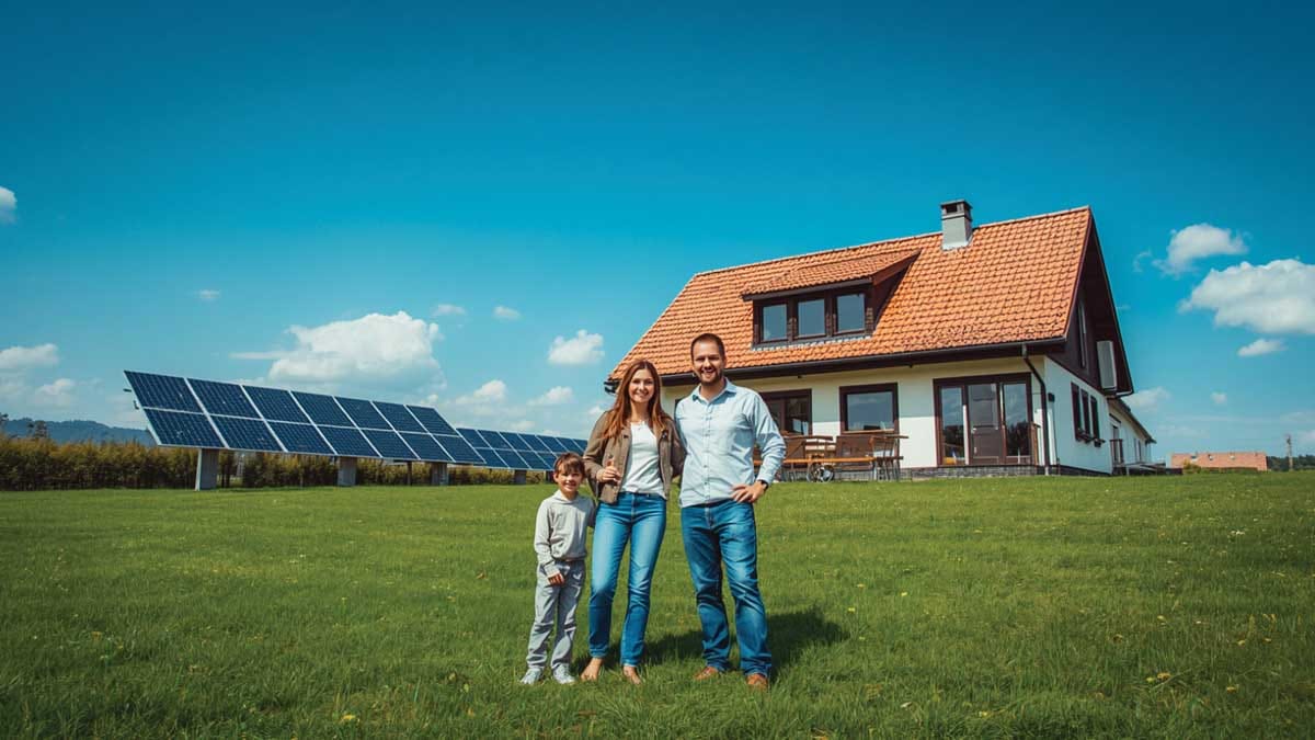 Družina pred hišo s sončno elektrarno na travniku ob stanovanjskem objektu