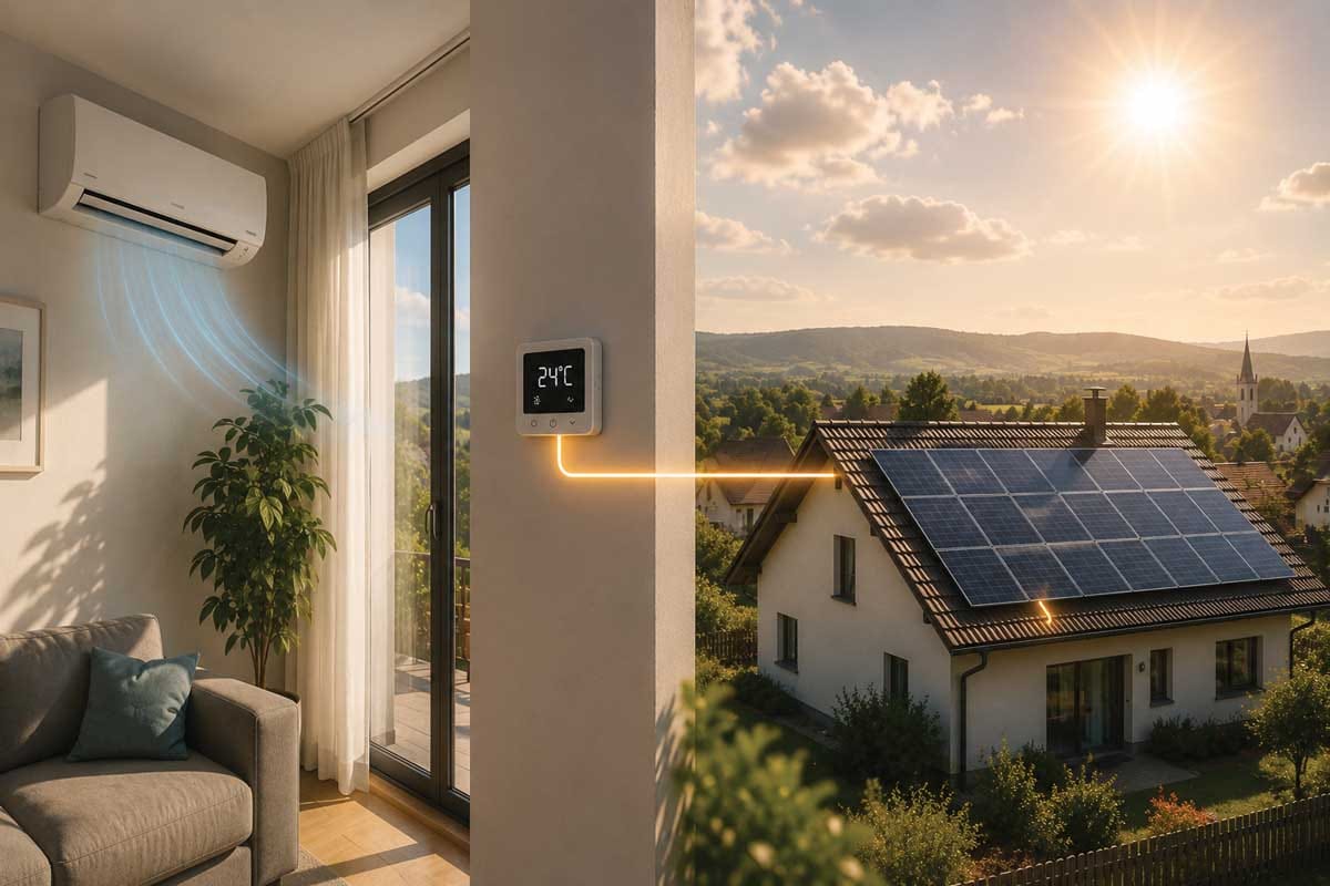 Sončna elektrarna na strehi hiše proizvaja električno energijo za klimatsko napravo med vročinskim valom