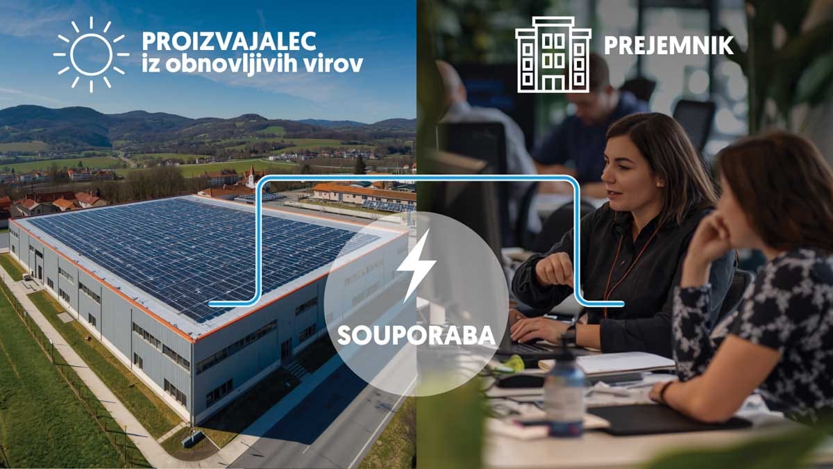Prikaz povezovanja proizvajalca električne energije iz obnovljivih virov in prejemnika v sistemu souporabe