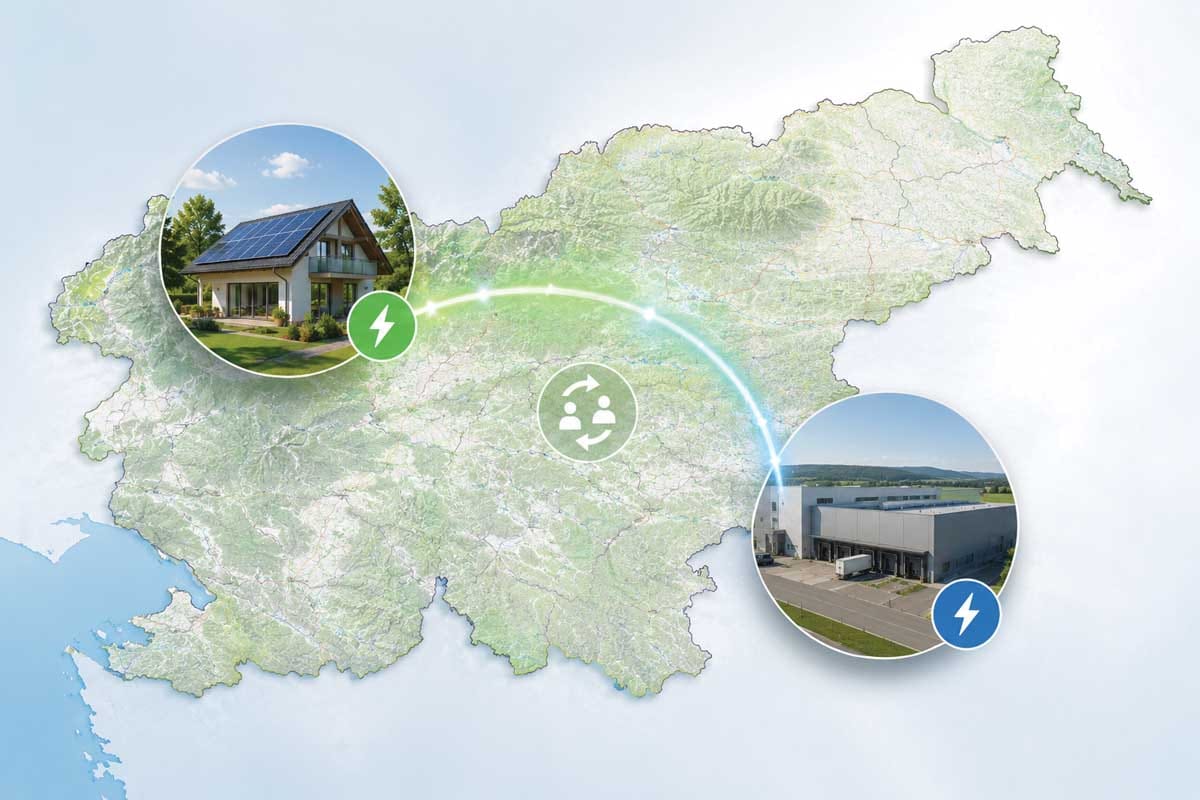 Prikaz souporabe električne energije med hišo s sončno elektrarno in podjetjem na drugi lokaciji v Sloveniji