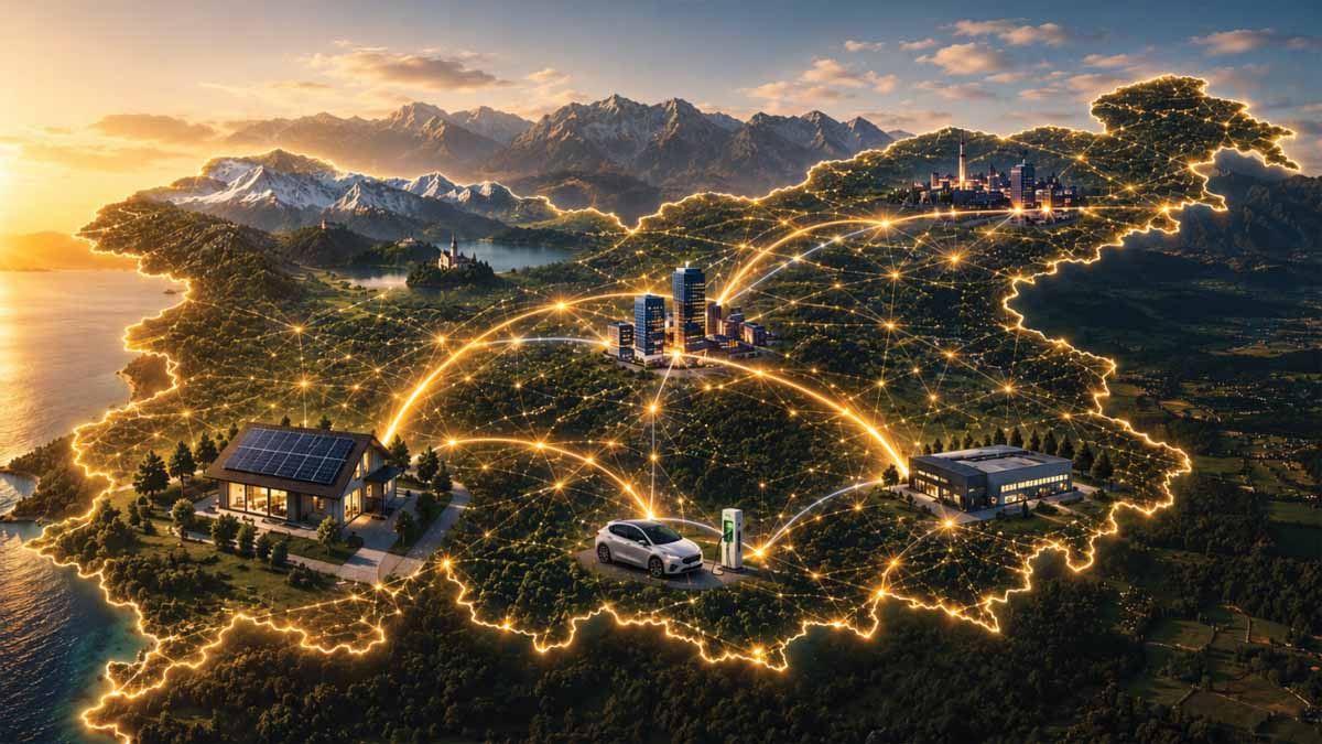 Zemljevid Slovenije z omrežjem souporabe električne energije med gospodinjstvi, podjetji in električnimi vozili