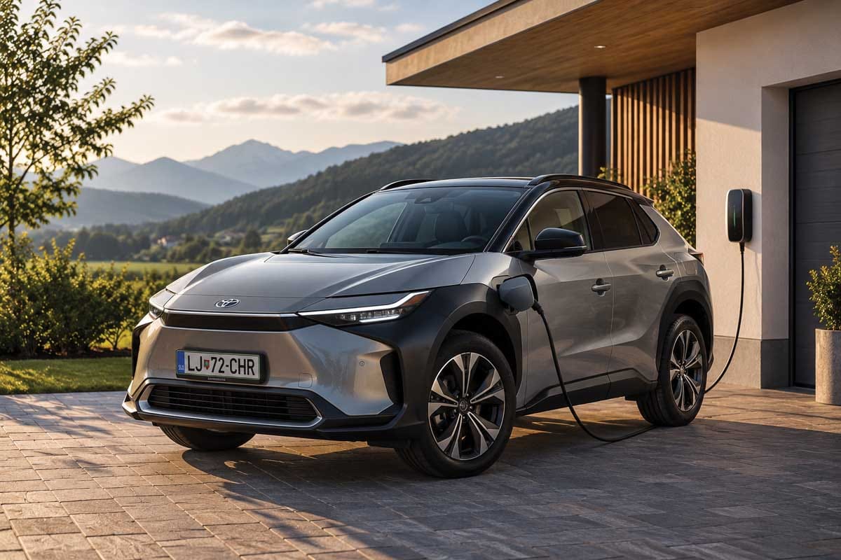 Električni avto Toyota bZ4X med polnjenjem na domači polnilnici