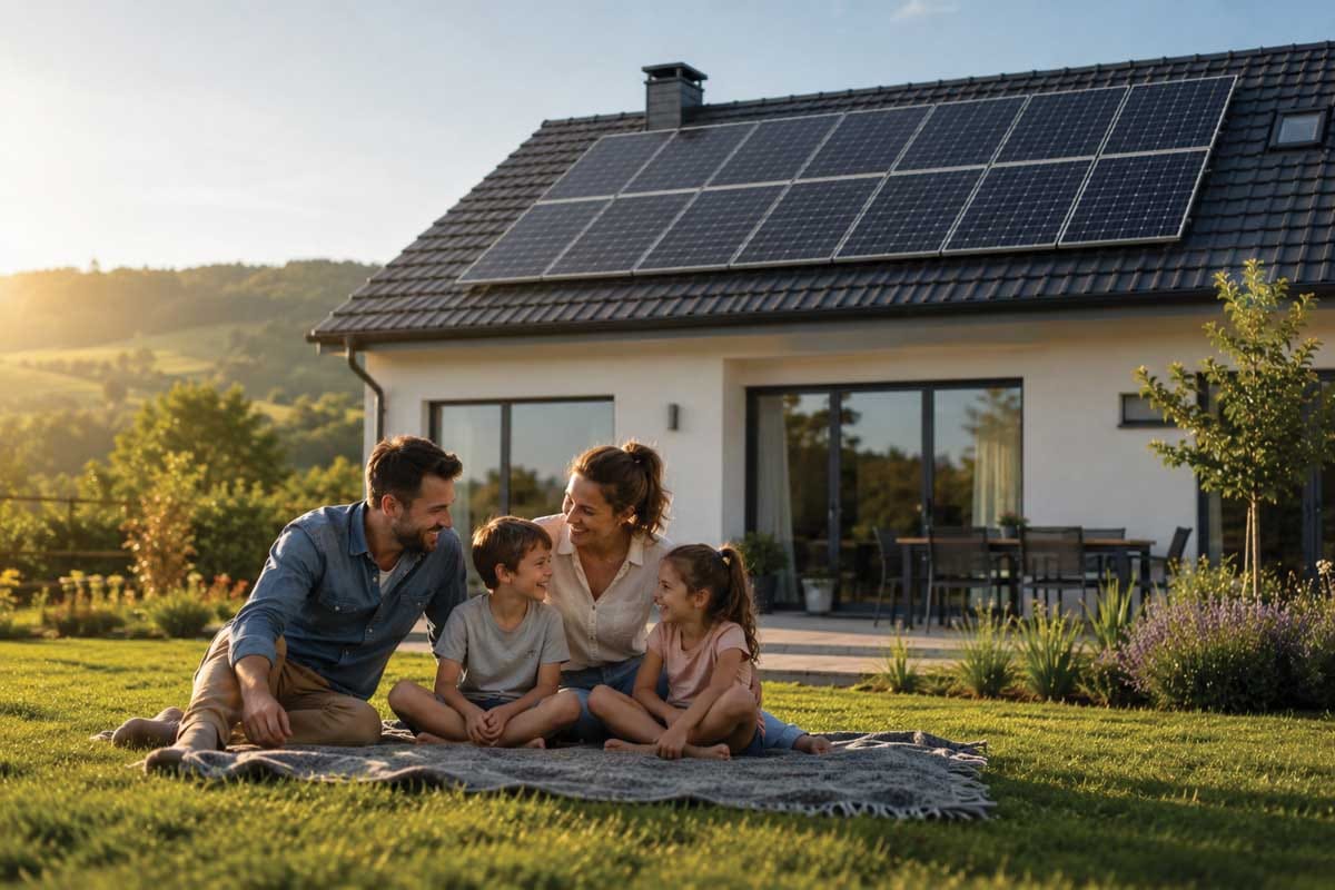 Zadovoljna družina pred hišo s sončno elektrarno, ki simbolizira brezskrbno uporabo in nadzor delovanja sončne elektrarne